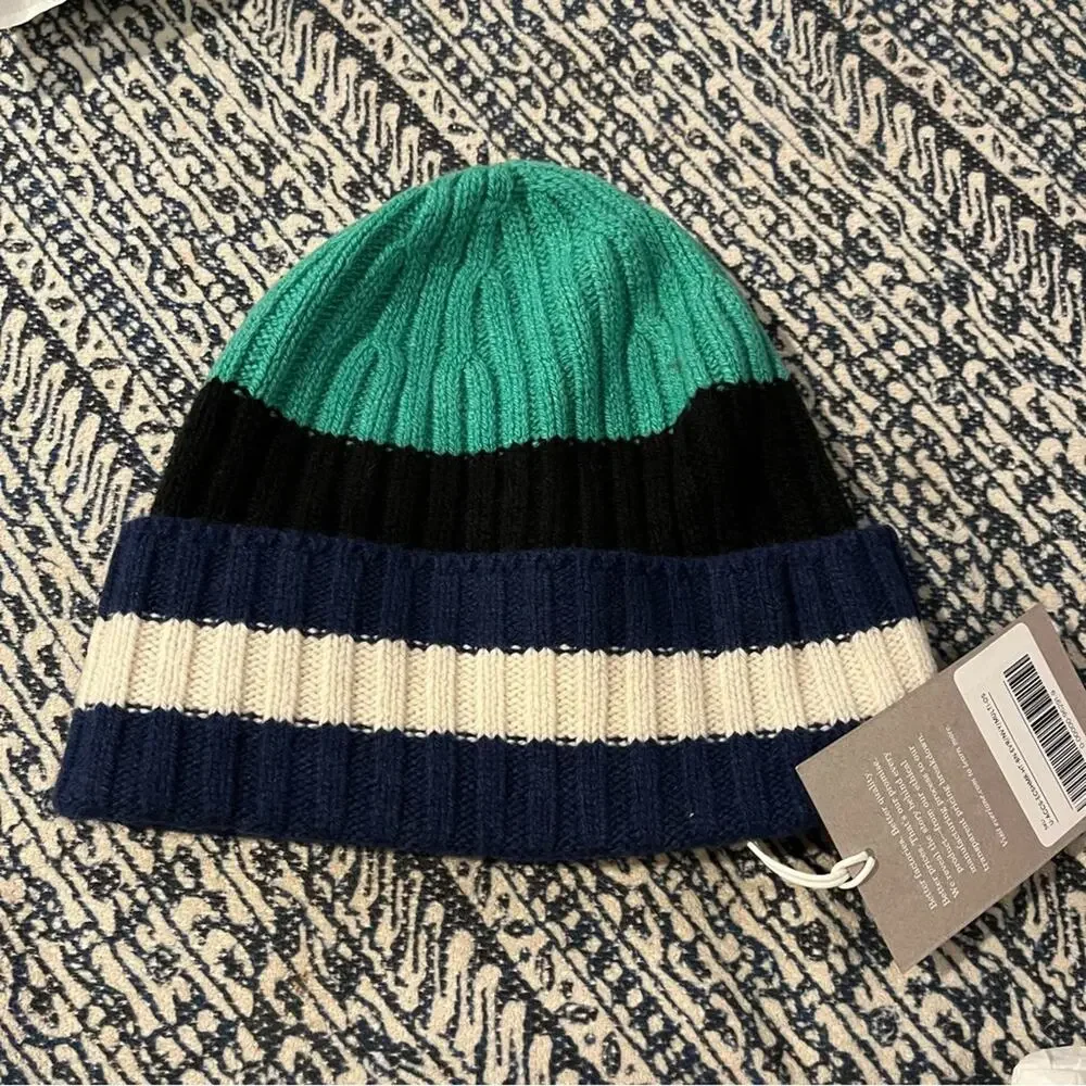 NWT Everlane Unisex The Cashmere Wool Beanie Ribbed Hat Green Navy One Size